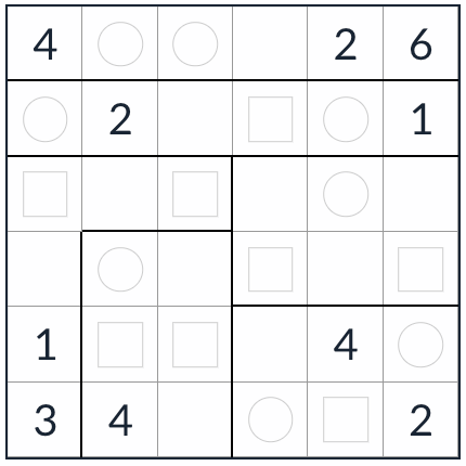Anti-Night Irregular Even-Odd Sudoku 6x6
