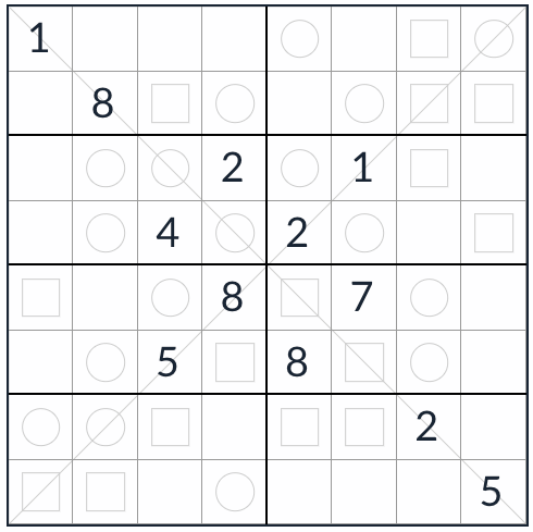 Anti-Night Diagonal Even-Odd Sudoku 8x8