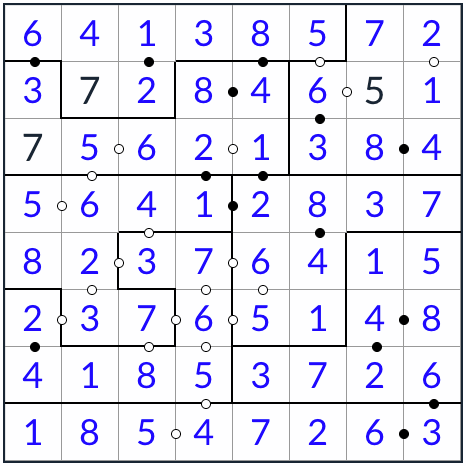 Anti-Knight
<p> Um quebra -cabeça de Kropki Sudoku consiste em uma grade sudoku padrão com a adição de marcadores circulares pretos ou brancos entre pares vizinhos de quadrados.Os círculos pretos mostram todos os pares adjacentes de quadrados, onde o valor em um quadrado é o dobro do outro, enquanto os círculos brancos mostram todos os pares em que um valor é consecutivo para o outro.'Consecutivo' significa que os números nos dois quadrados têm uma diferença numérica de '1'.Por exemplo: 2 e 3 são consecutivos, assim como 6 e 5. </p>
</div>
</div>
</section>
<!-- end text -->
<div class=